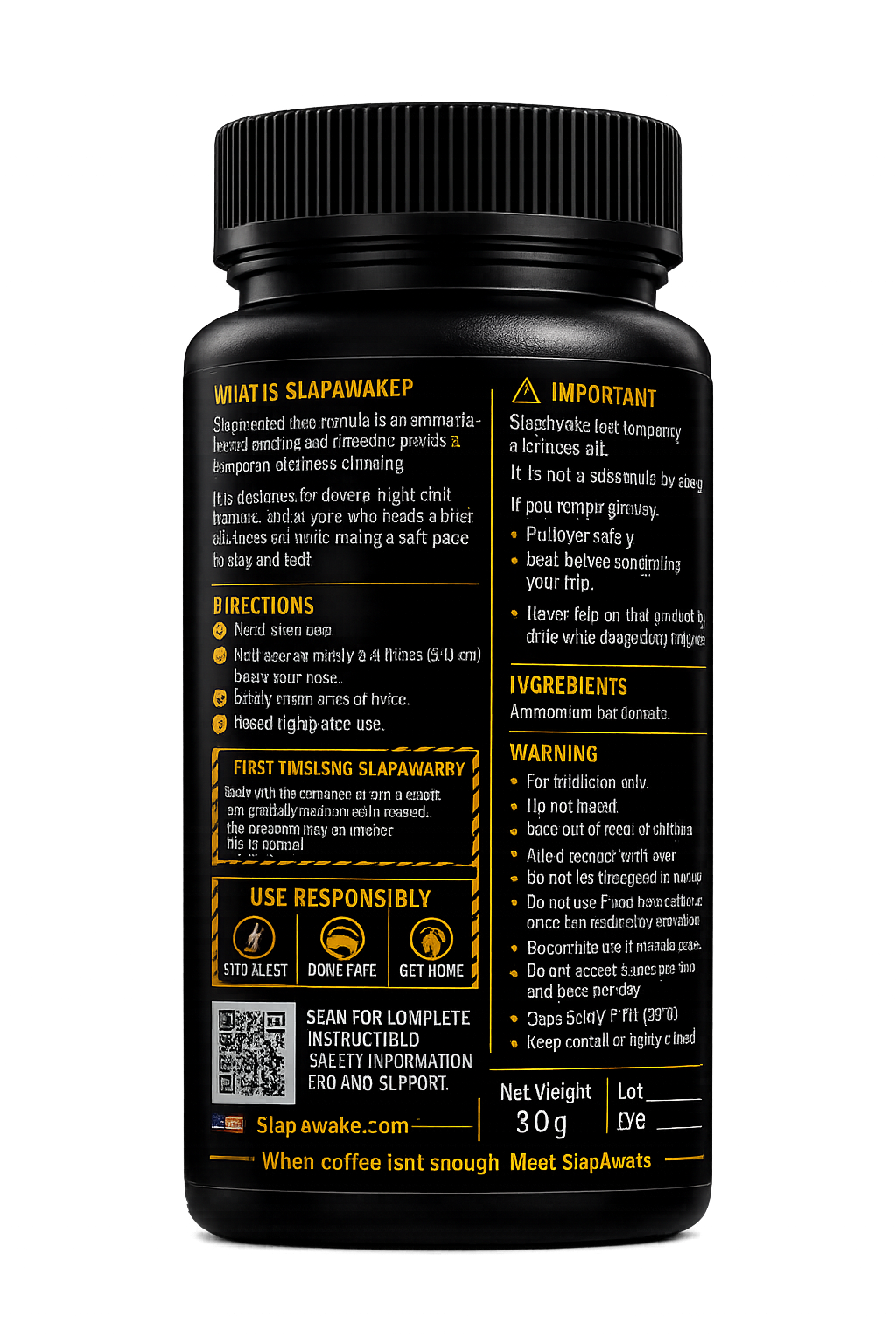 SLAPAWAKE back label showing directions, ingredients, and warnings